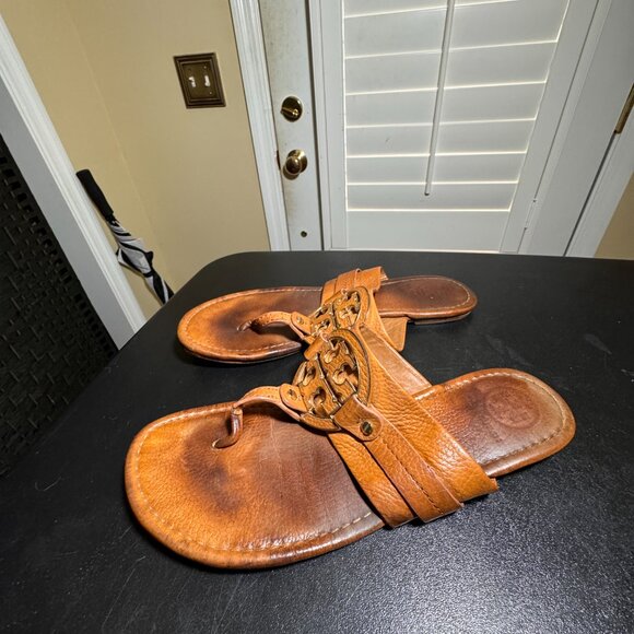 Tory Burch size 10 amanda tan leather sandal slippers - Picture 3 of 12